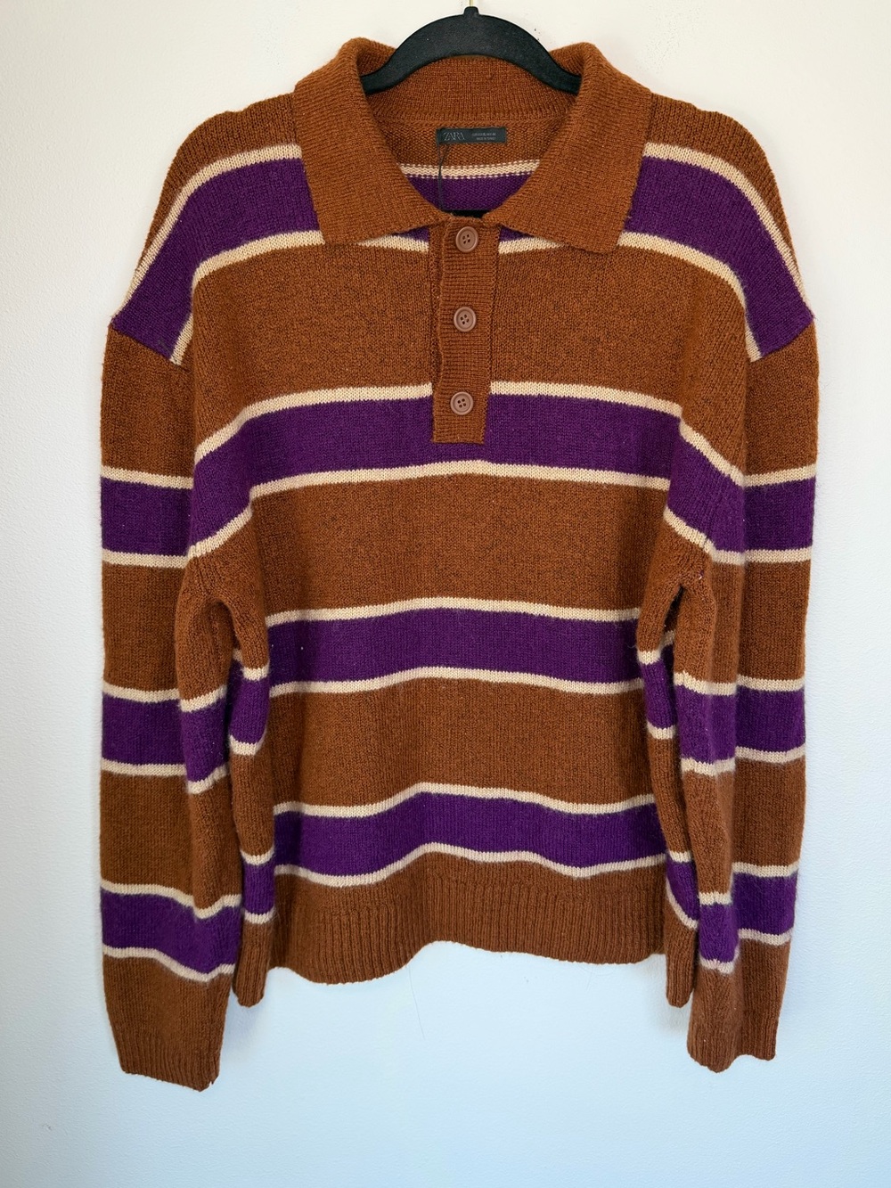 Zara Knit Polo Striped Sweater Wool Blend Oversized Comfy Preppy XL